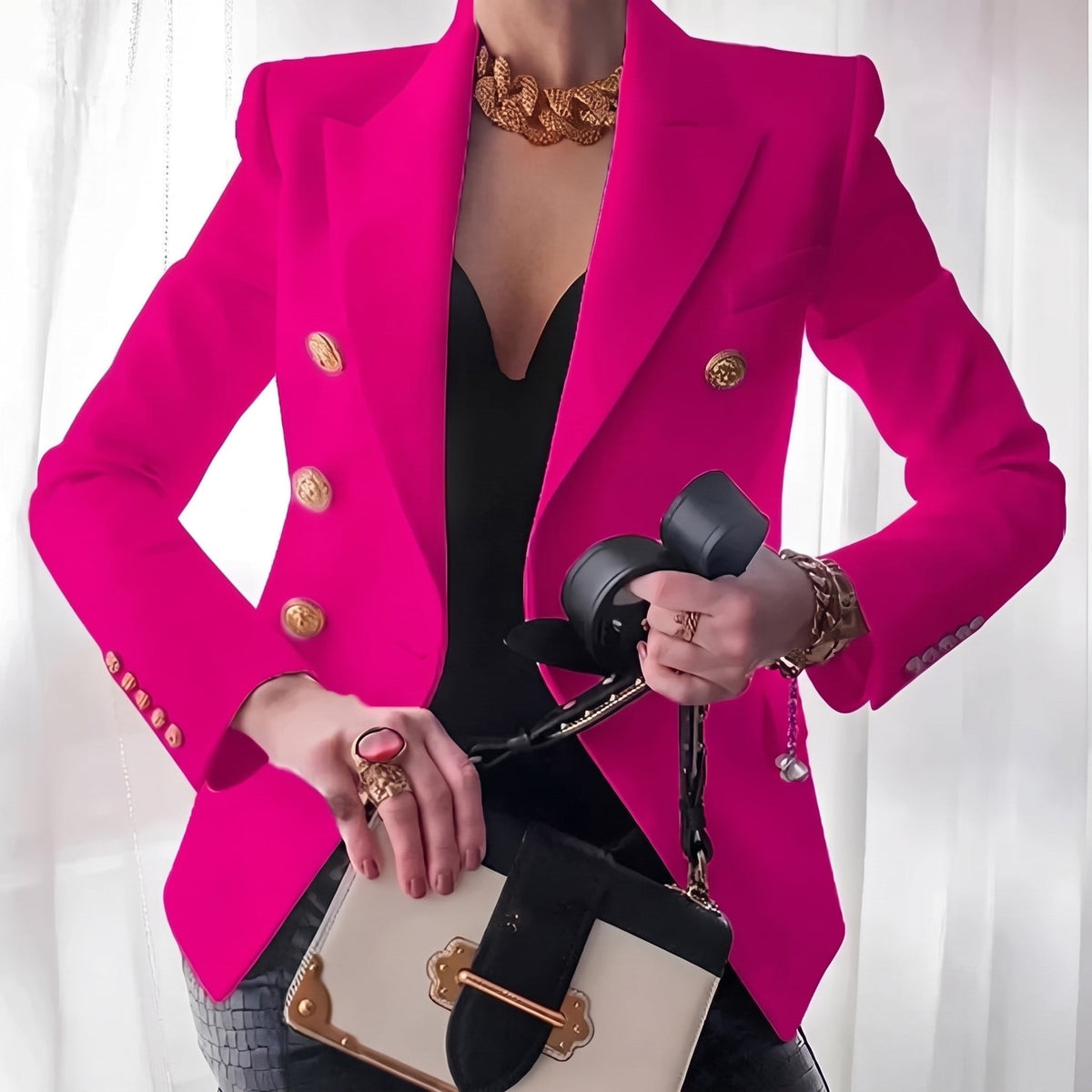 Sophie - Women's Double-Breasted Tailored Blazer with Gold Buttons - Blazers - Pink - Sarvento