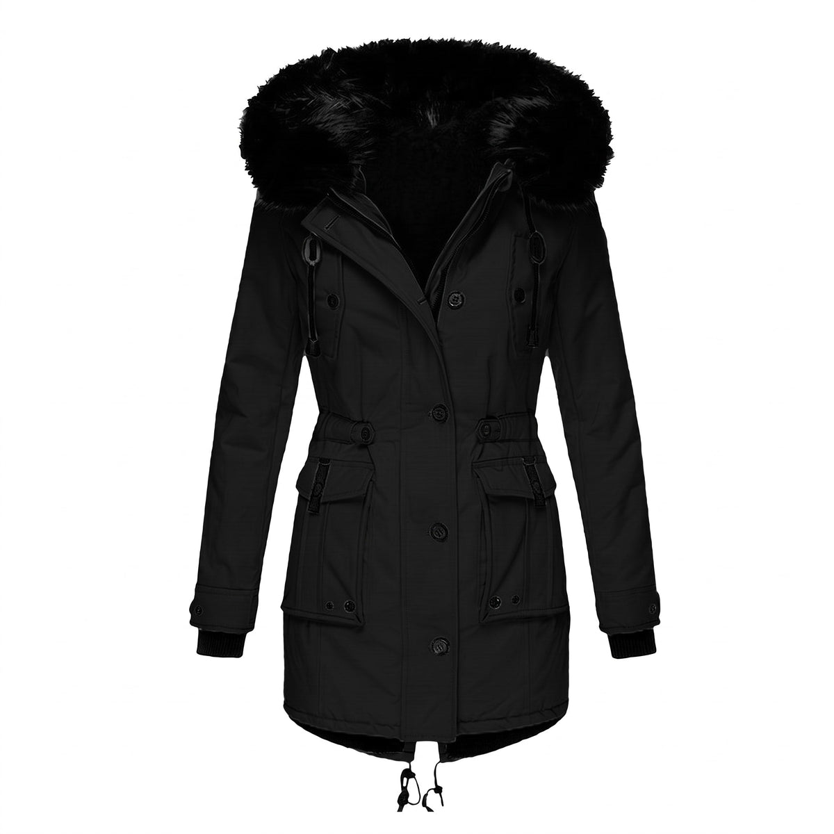 Sophie - Women's Faux Fur Hood Parka Jacket with Drawstring Waist - Coats & Jackets - Black - Sarvento