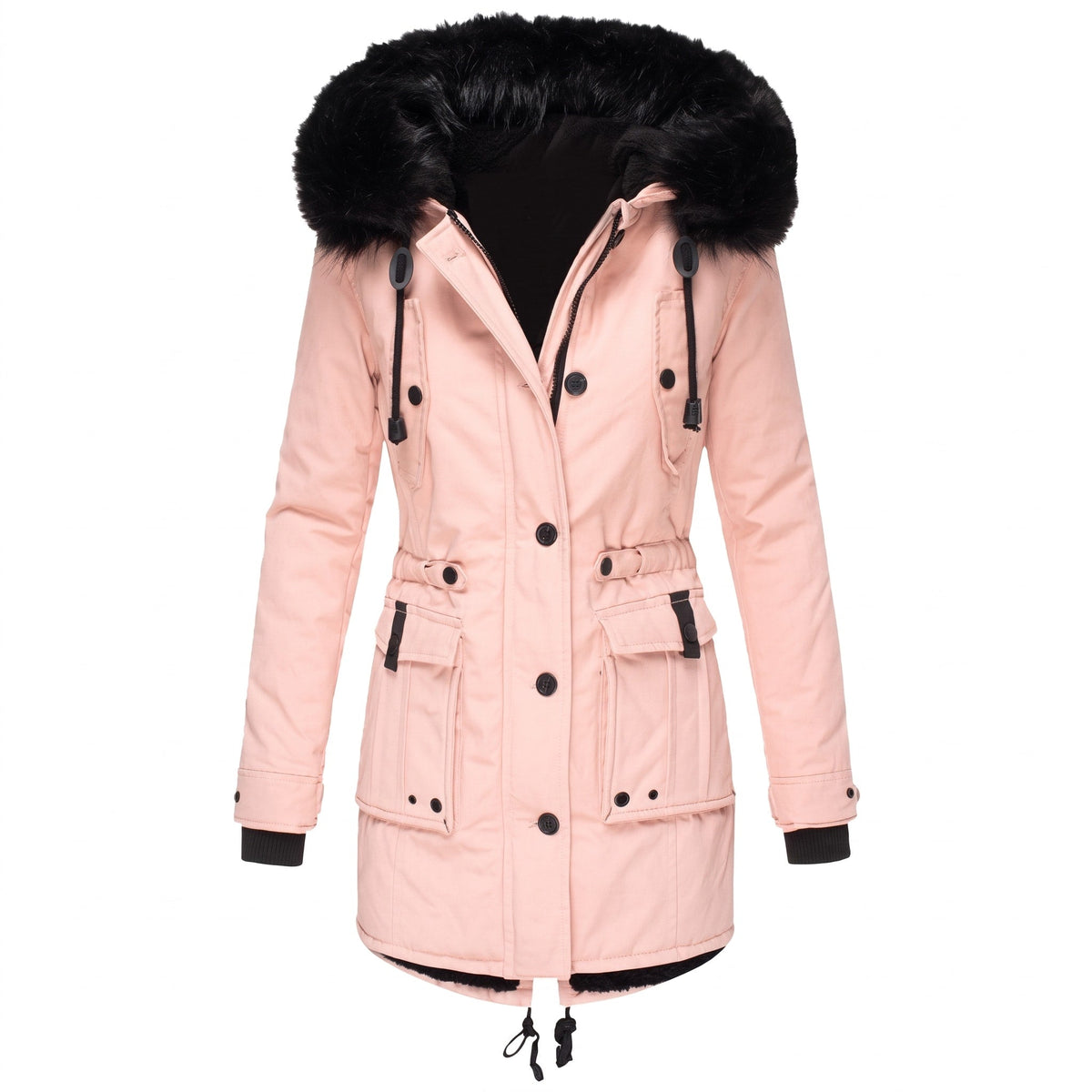 Sophie - Women's Faux Fur Hood Parka Jacket with Drawstring Waist - Coats & Jackets - Pink - Sarvento