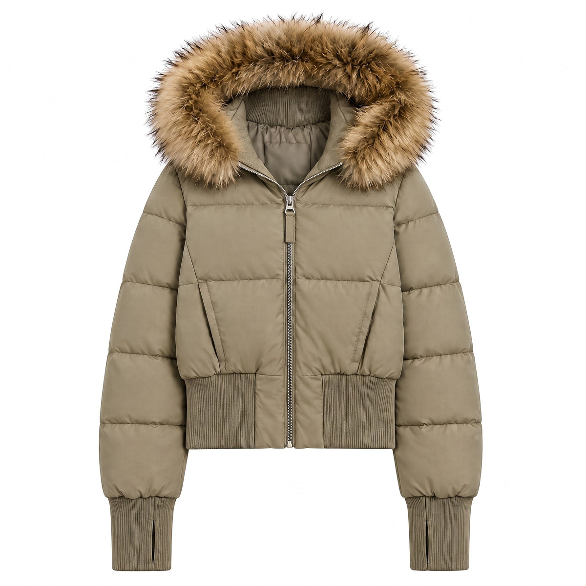 Sophie - Women's Faux Fur Hooded Cropped Puffer Jacket with Ribbed Cuffs - Puffer Jacket - Olive Green - Sarvento