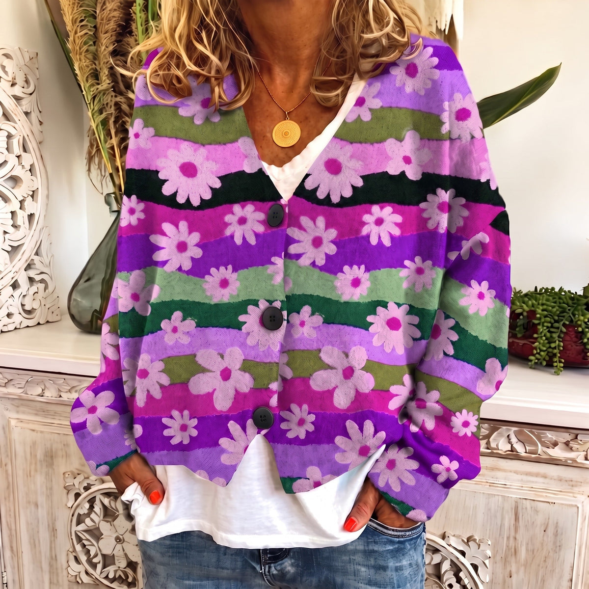 Sophie - Women's Floral Print Button-Front Cardigan - Cardigans - Purple - Sarvento