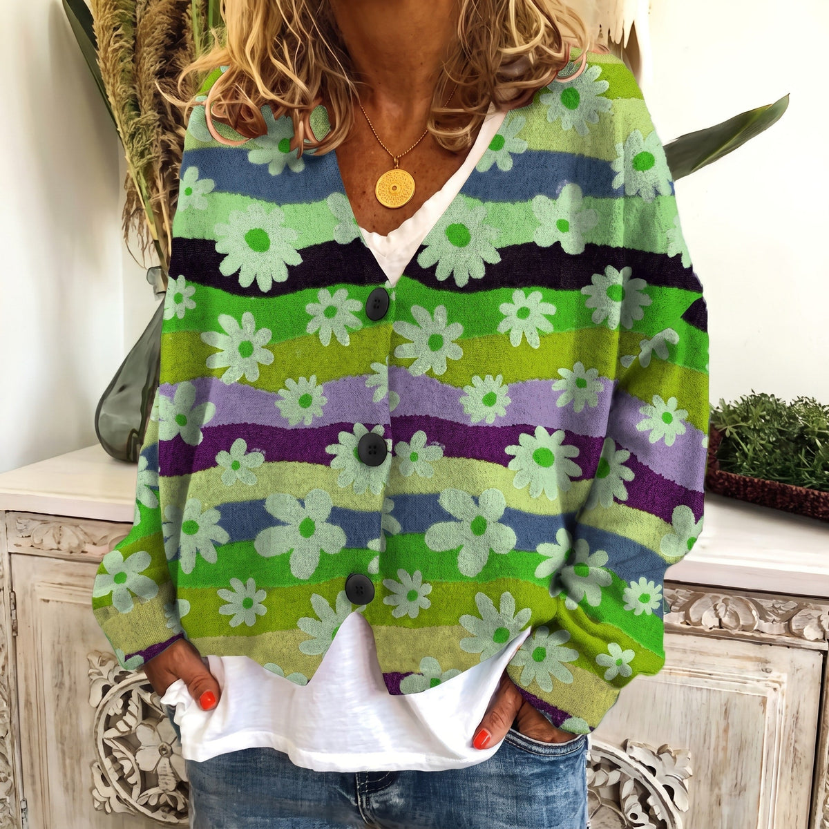 Sophie - Women's Floral Print Button-Front Cardigan - Cardigans - Green - Parker&Brooks