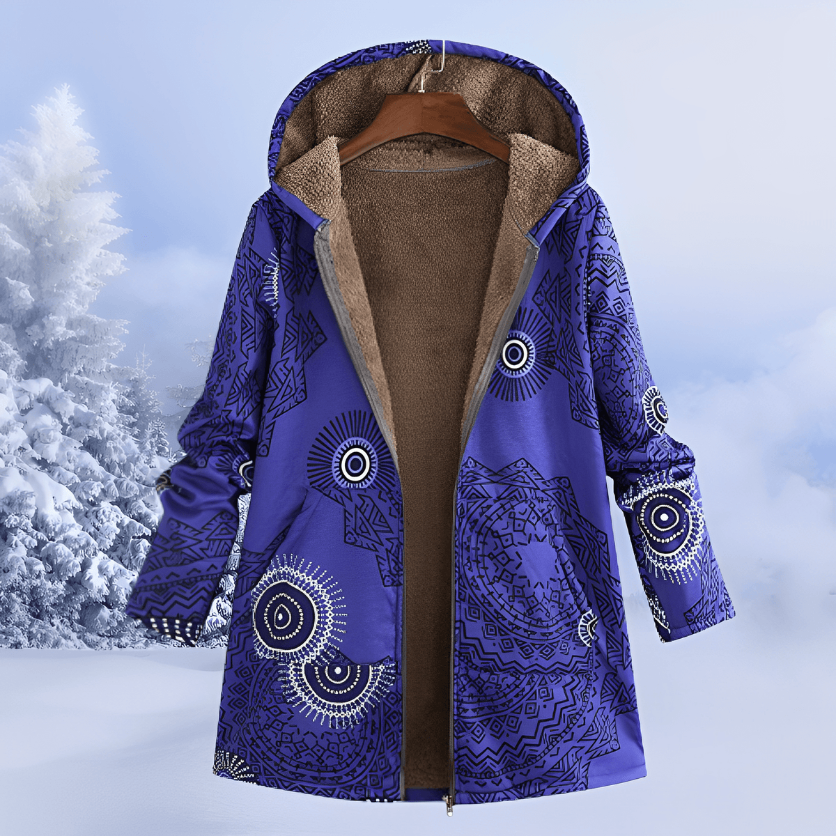 Sophie - Women's Floral Print Longline Hooded Coat - Parka Jackets - Blue - Parker&Brooks