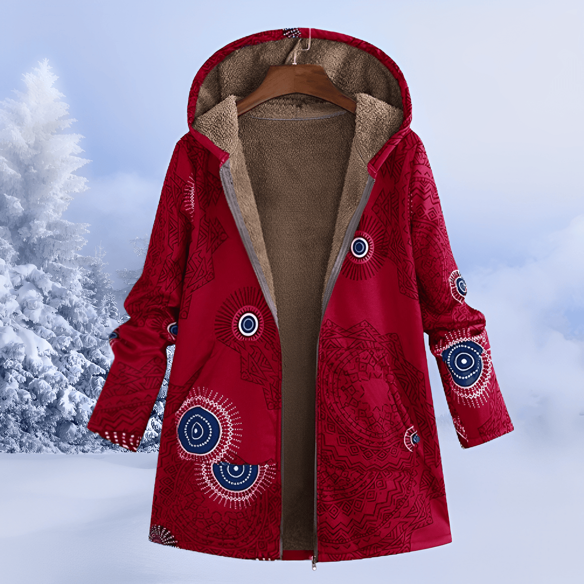 Sophie - Women's Floral Print Longline Hooded Coat - Parka Jackets - Red - Parker&Brooks