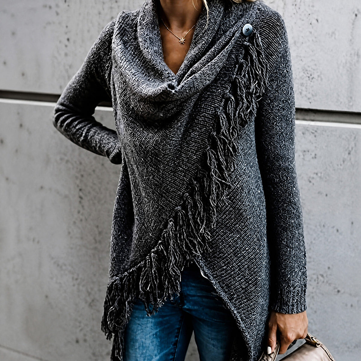 Sophie - Women's Fringe Waterfall Cardigan with Asymmetric Hem - Cardigans - Black - Parker&Brooks