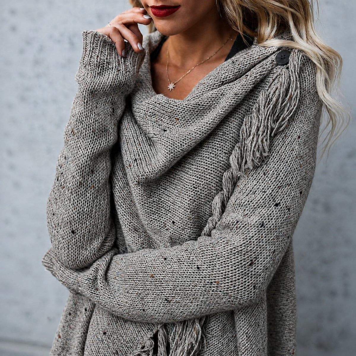Sophie - Women's Fringe Waterfall Cardigan with Asymmetric Hem - Cardigans - Gray - Parker&Brooks