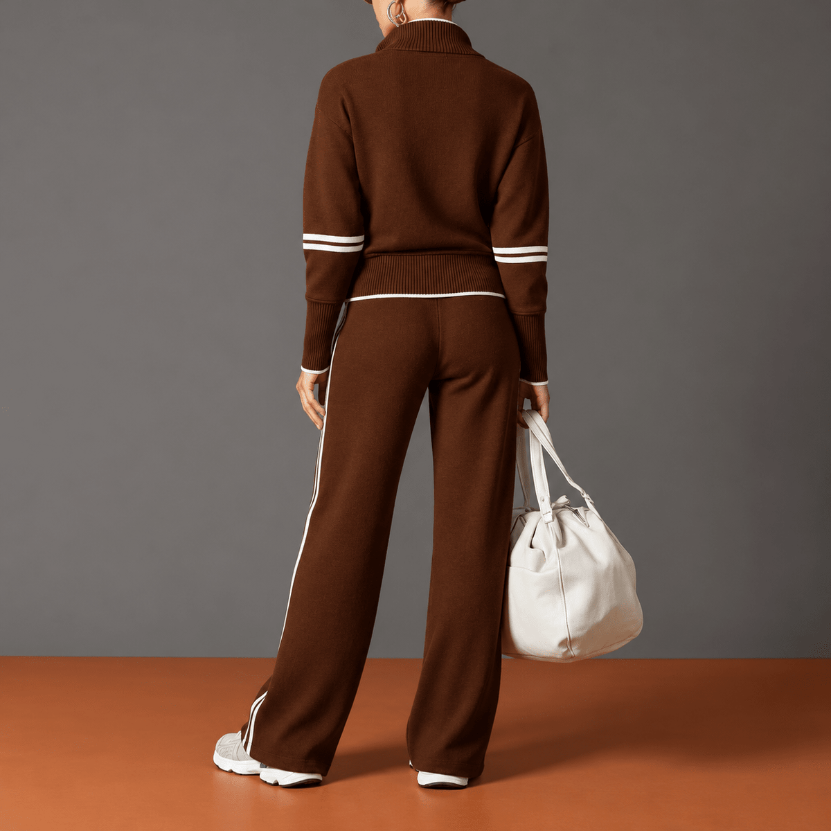 Sophie – Women’s Half-Zip Sweater Lounge Set with Striped Trim and Wide-Leg Pants - Loungewear Sets - Brown - Sarvento