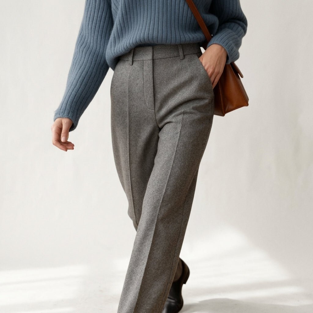 Sophie – Women’s Herringbone Straight Leg Tailored Trousers with Slanted Pockets - Trousers - Gray - Sarvento