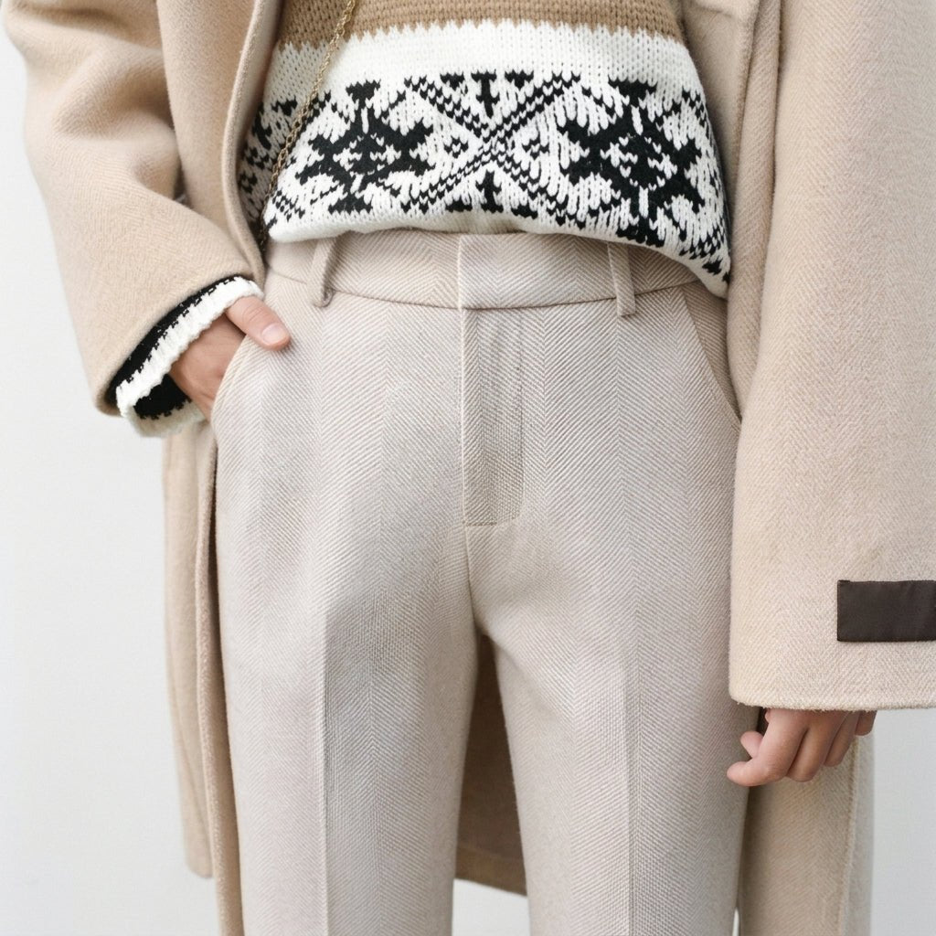 Sophie – Women’s Herringbone Straight Leg Tailored Trousers with Slanted Pockets - Trousers - Cream - Sarvento