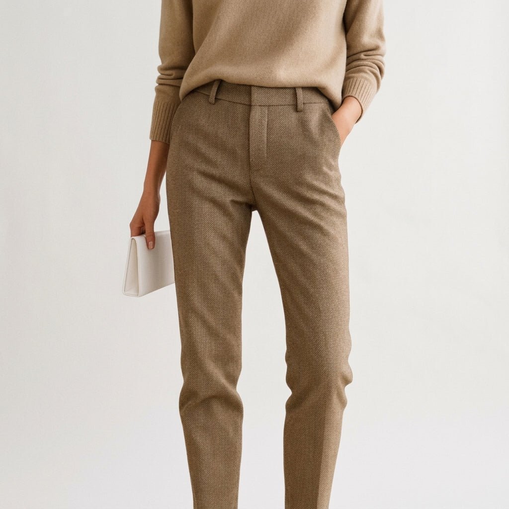 Sophie – Women’s Herringbone Straight Leg Tailored Trousers with Slanted Pockets - Trousers - Brown - Sarvento