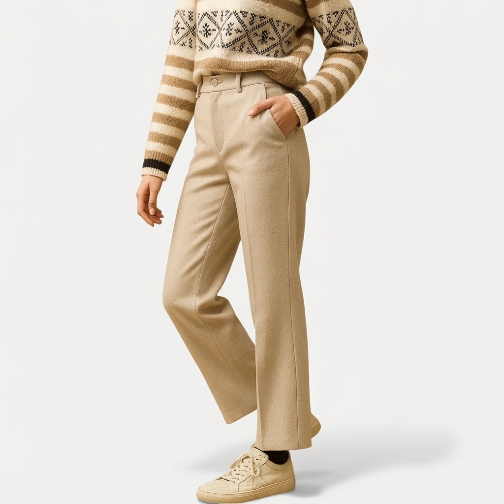 Sophie – Women’s Herringbone Straight Leg Tailored Trousers with Slanted Pockets - Trousers - Cream - Sarvento