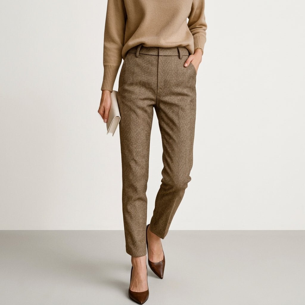 Sophie – Women’s Herringbone Straight Leg Tailored Trousers with Slanted Pockets - Trousers - Brown - Sarvento
