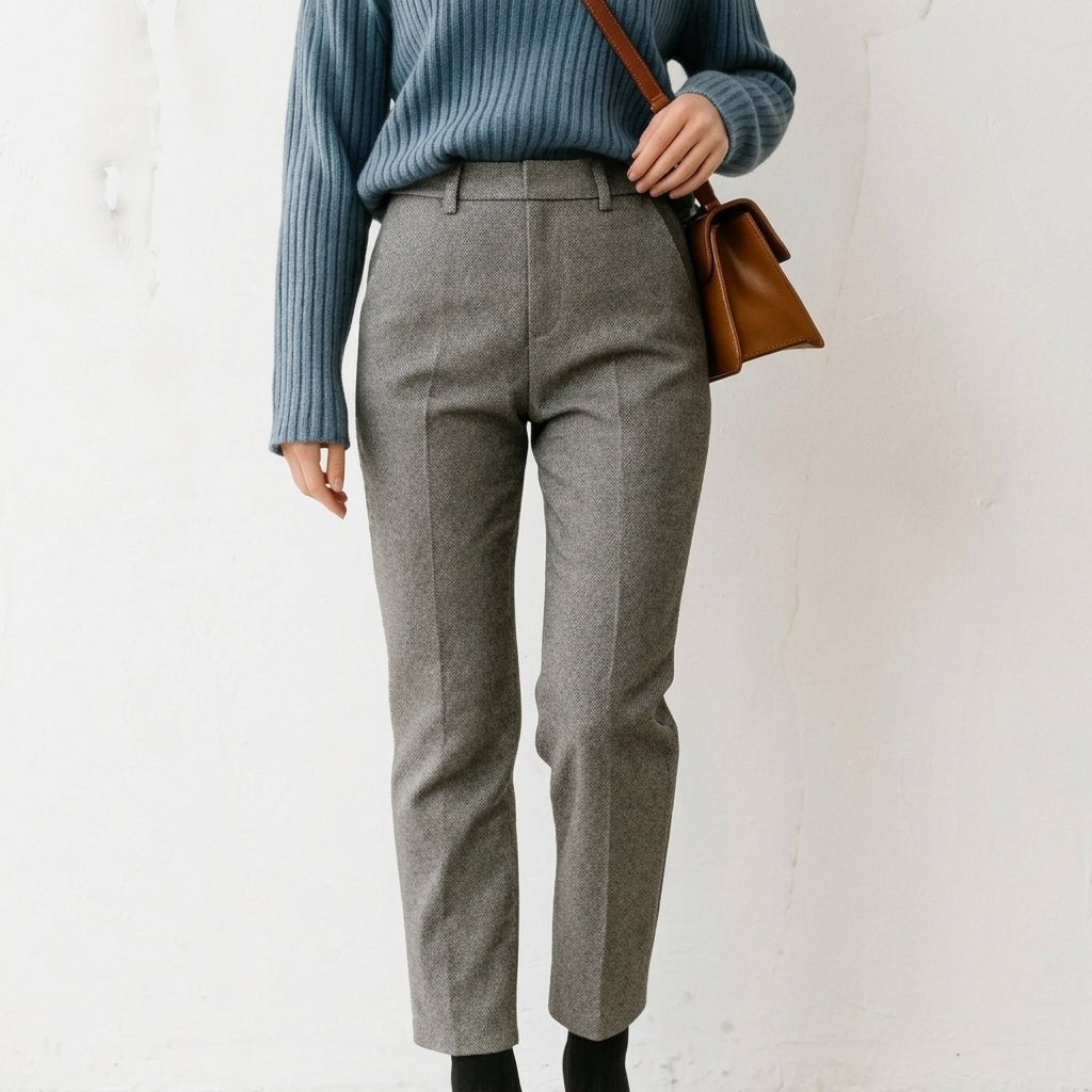 Sophie – Women’s Herringbone Straight Leg Tailored Trousers with Slanted Pockets - Trousers - Gray - Sarvento