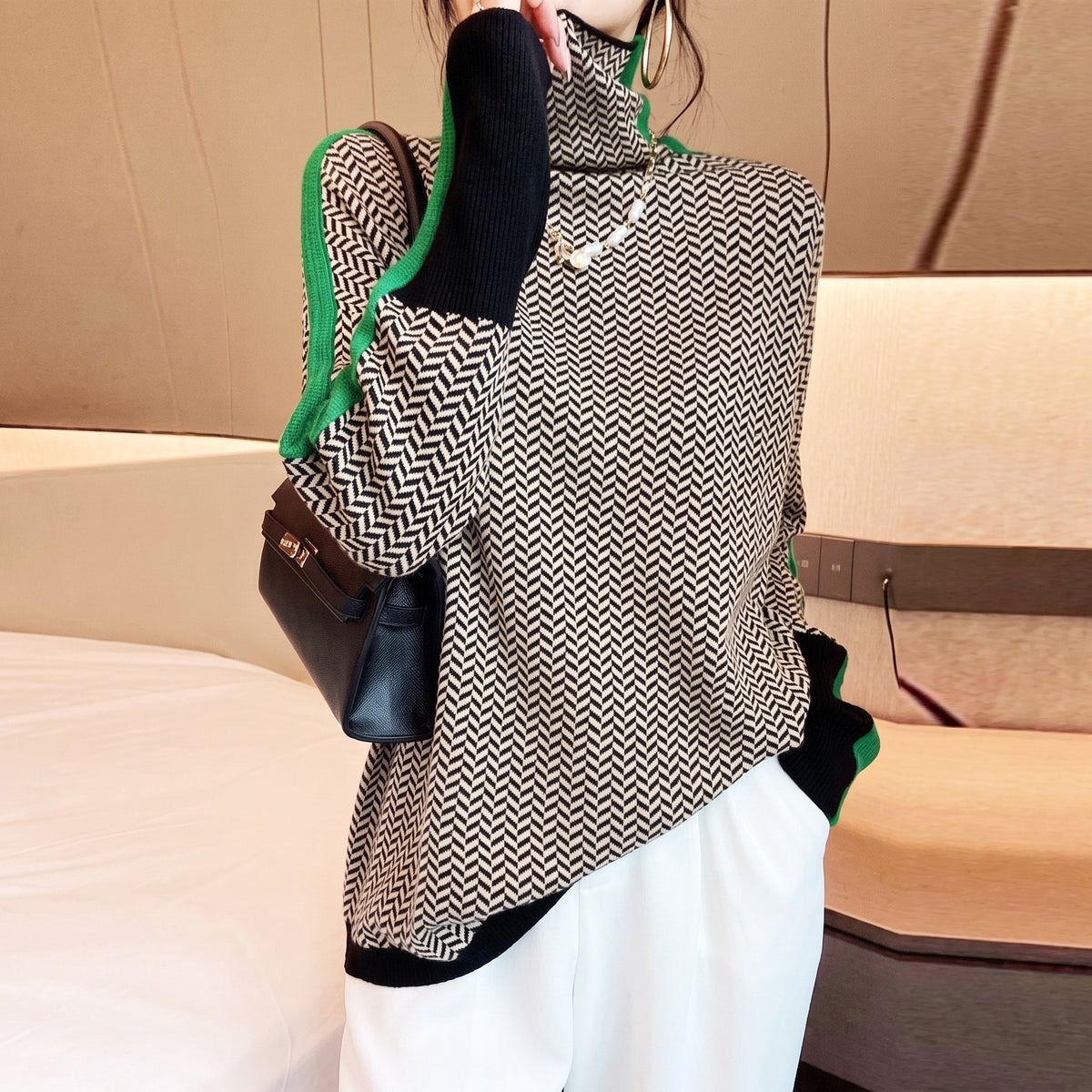 Sophie – Women’s Herringbone Turtleneck Sweater with Contrast Stripes - Sweater - Green - Sarvento