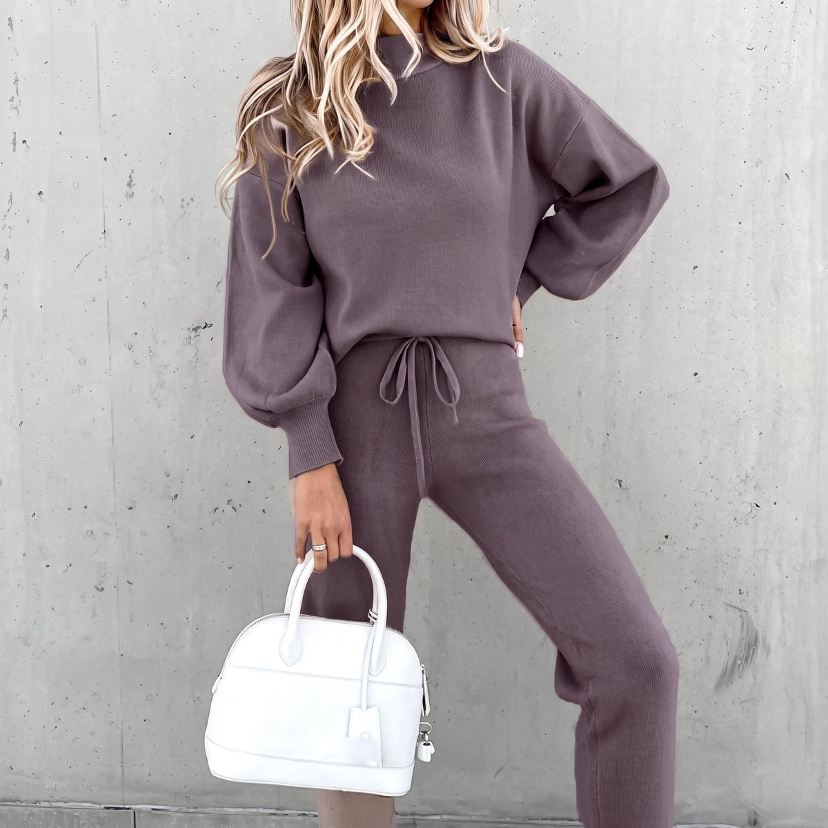 Sophie - Women's High-Waisted Mock Neck Balloon Sleeve Two-Piece Lounge Set - Loungewear Sets - Purple - Sarvento