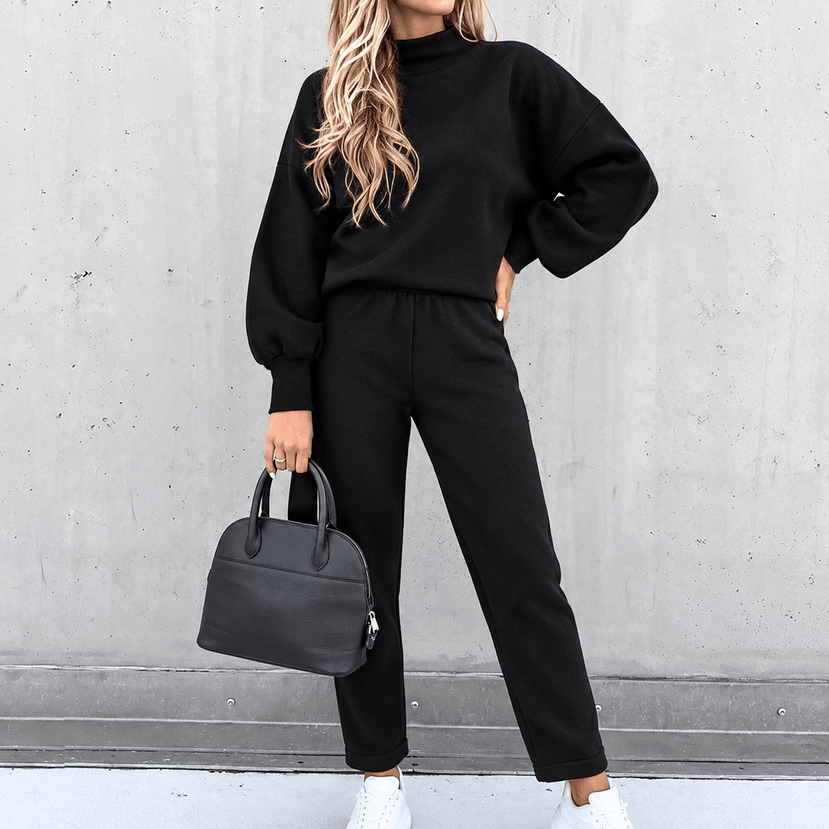 Sophie - Women's High-Waisted Mock Neck Balloon Sleeve Two-Piece Lounge Set - Loungewear Sets - Black - Sarvento
