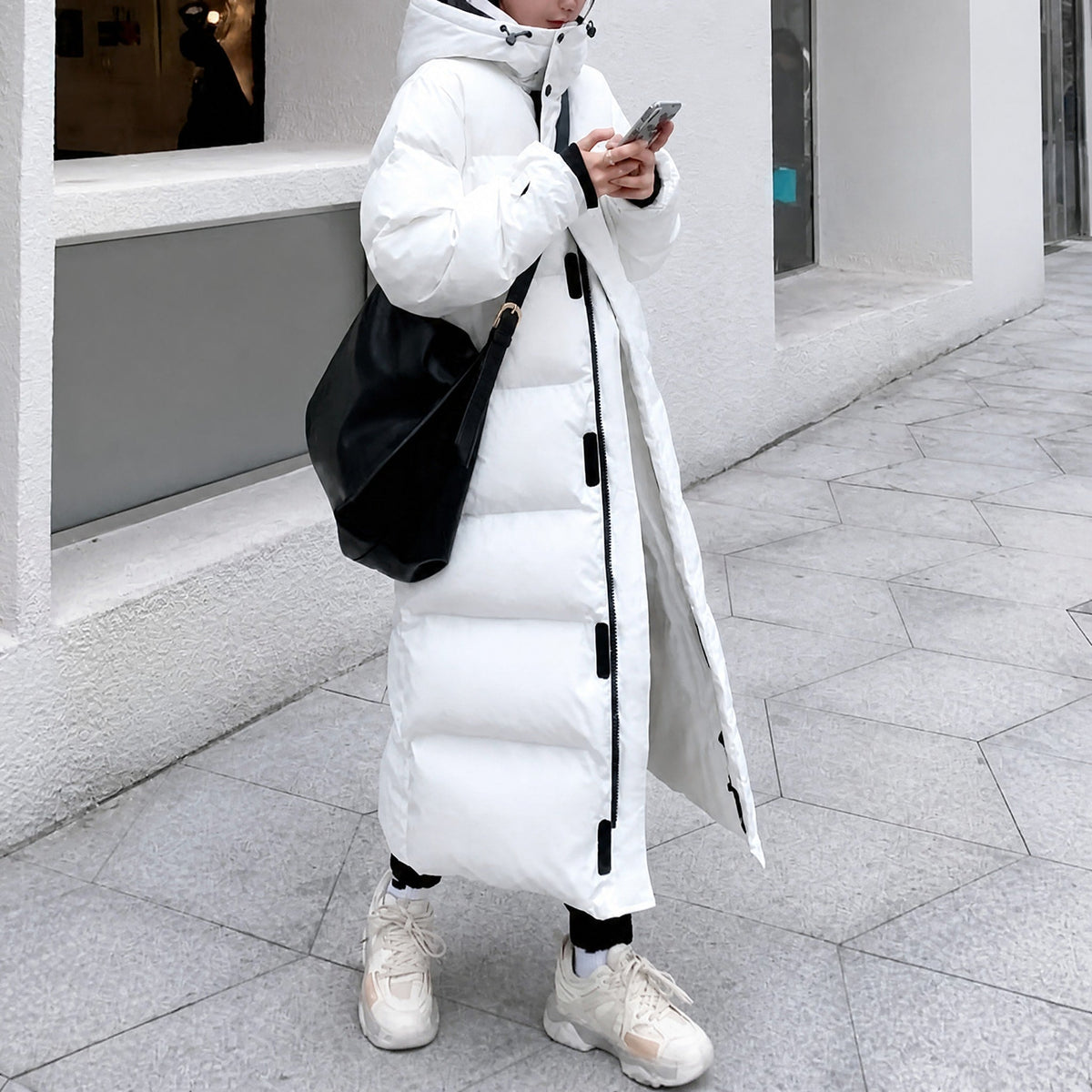 Sophie - Women's Hooded Longline Puffer Parka with Drawstring Waist - Coats & Jackets - White - Sarvento