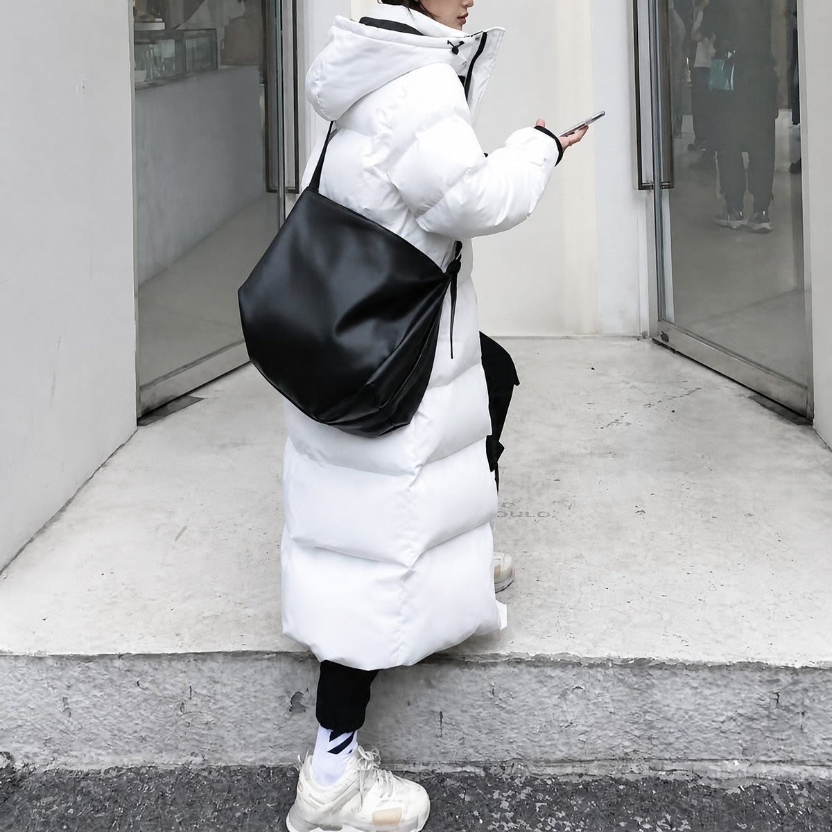 Sophie - Women's Hooded Longline Puffer Parka with Drawstring Waist - Coats & Jackets - White - Sarvento