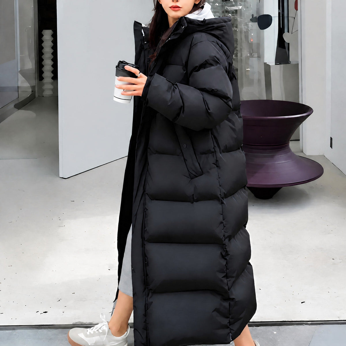 Sophie - Women's Hooded Longline Puffer Parka with Drawstring Waist - Coats & Jackets - Black - Sarvento