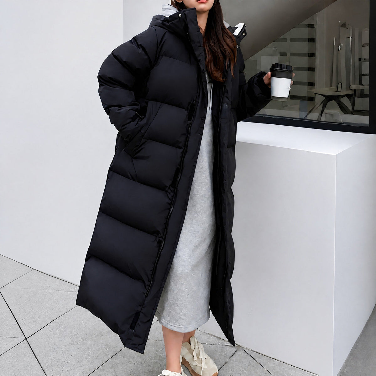 Sophie - Women's Hooded Longline Puffer Parka with Drawstring Waist - Coats & Jackets - Black - Sarvento