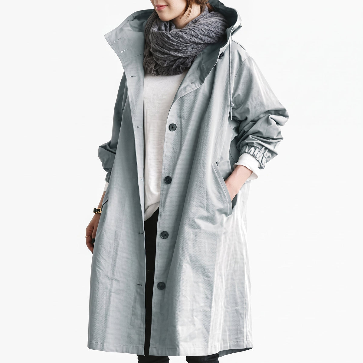 Sophie - Women's Hooded Longline Trench Coat - Trench Coats - Light Blue - Parker&Brooks