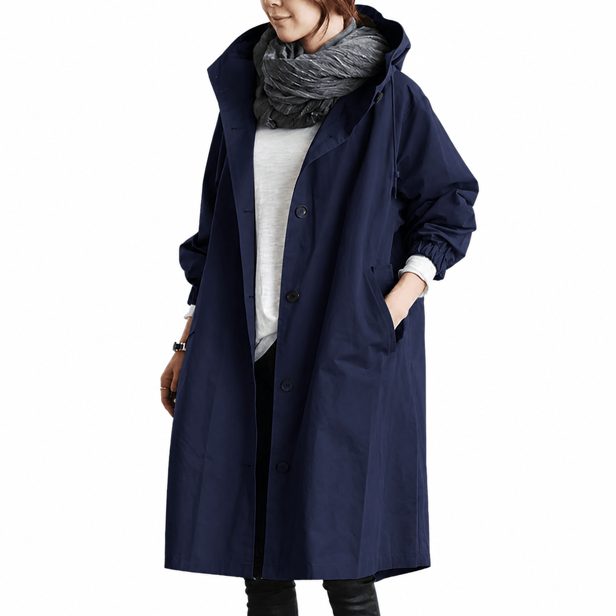 Sophie - Women's Hooded Longline Trench Coat - Trench Coats - Navy Blue - Parker&Brooks