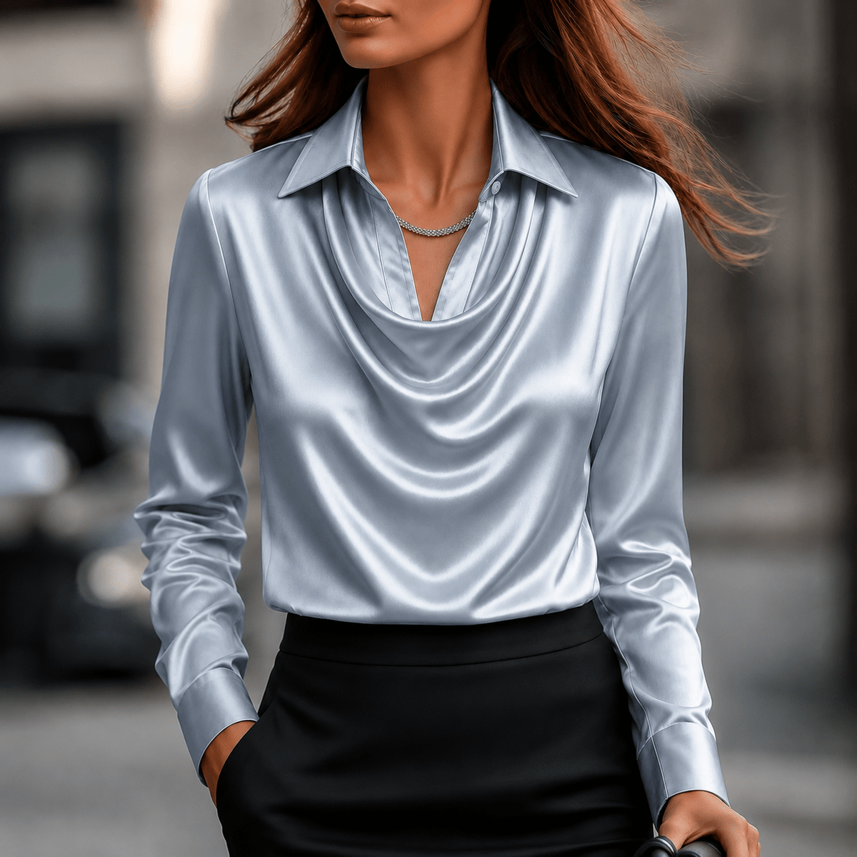 Sophie - Women's Long Sleeve Cowl Neck Blouse with Collar - Blouses - Light Blue - Parker&Brooks