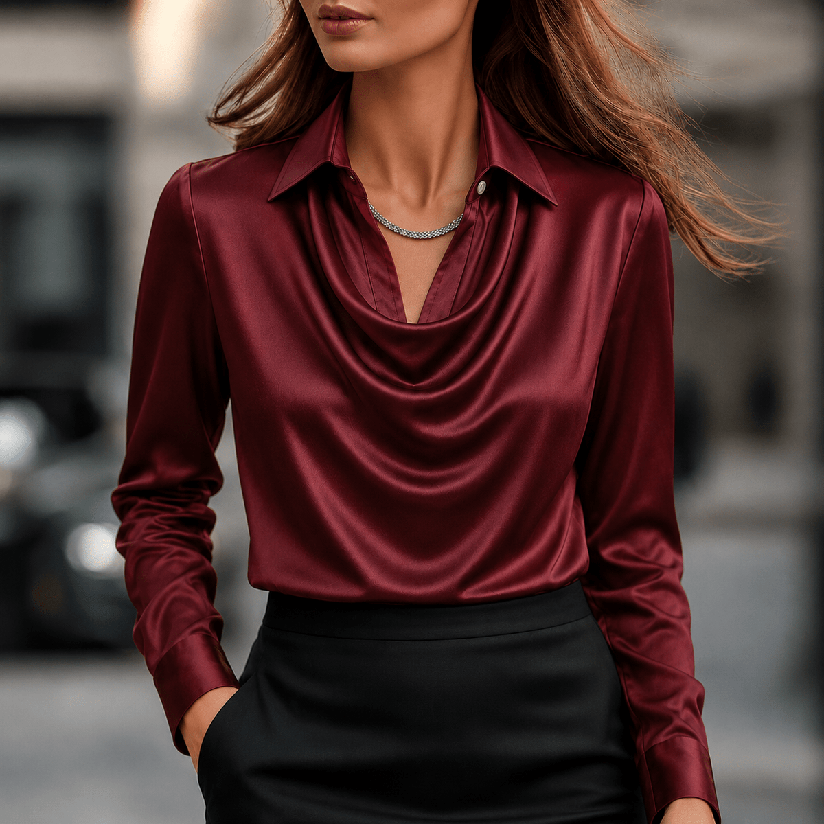 Sophie - Women's Long Sleeve Cowl Neck Blouse with Collar - Blouses - Burgundy - Parker&Brooks