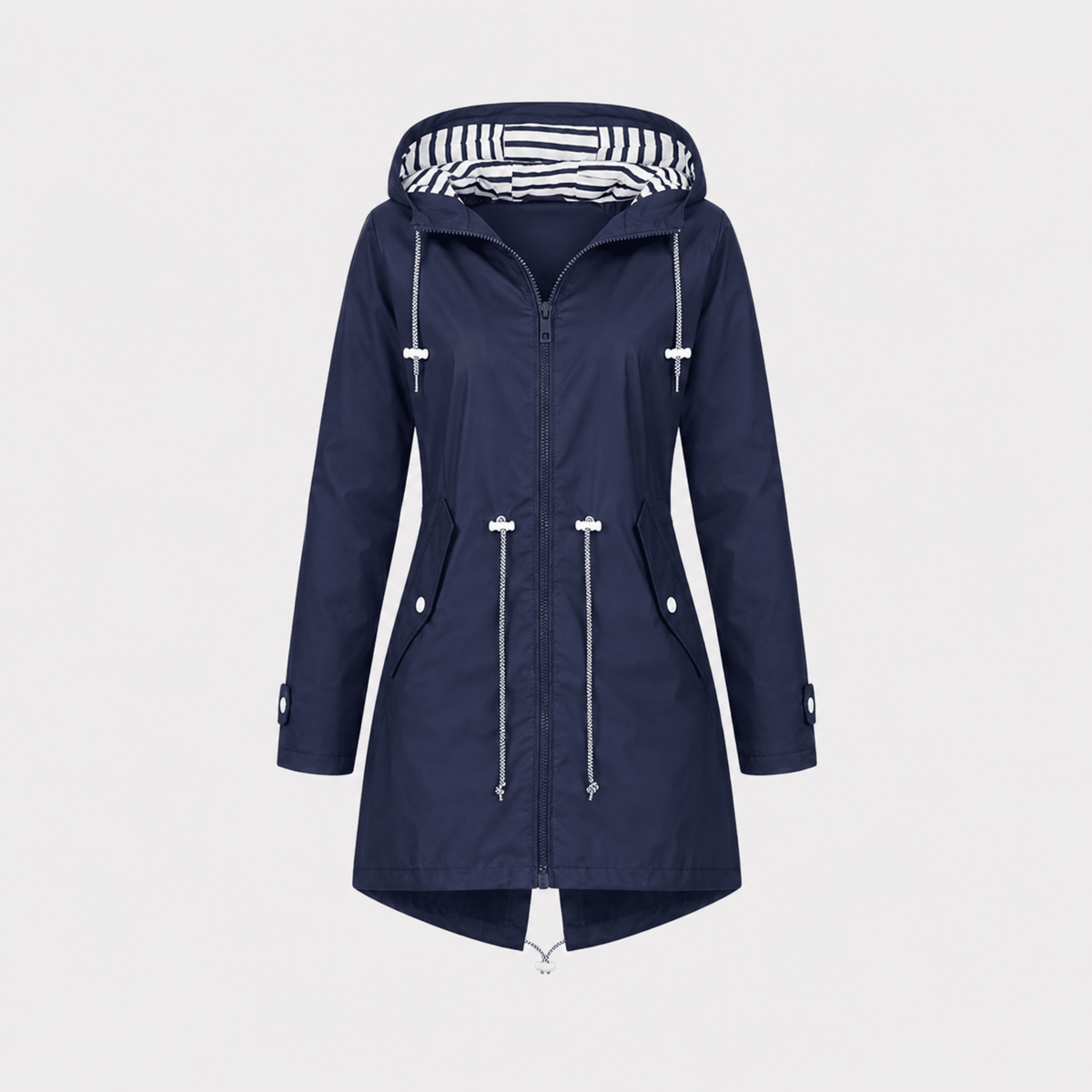 Sophie - Women's Longline Hooded Rain Jacket with Striped Lining - Rain Coat - Navy Blue - Parker&Brooks