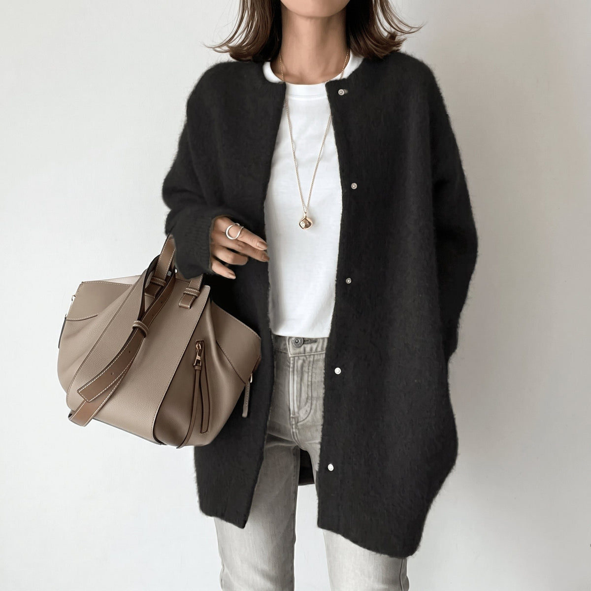 Sophie - Women's Longline Snap-Button Cardigan with Round Neck - Cardigans - Black - Parker&Brooks