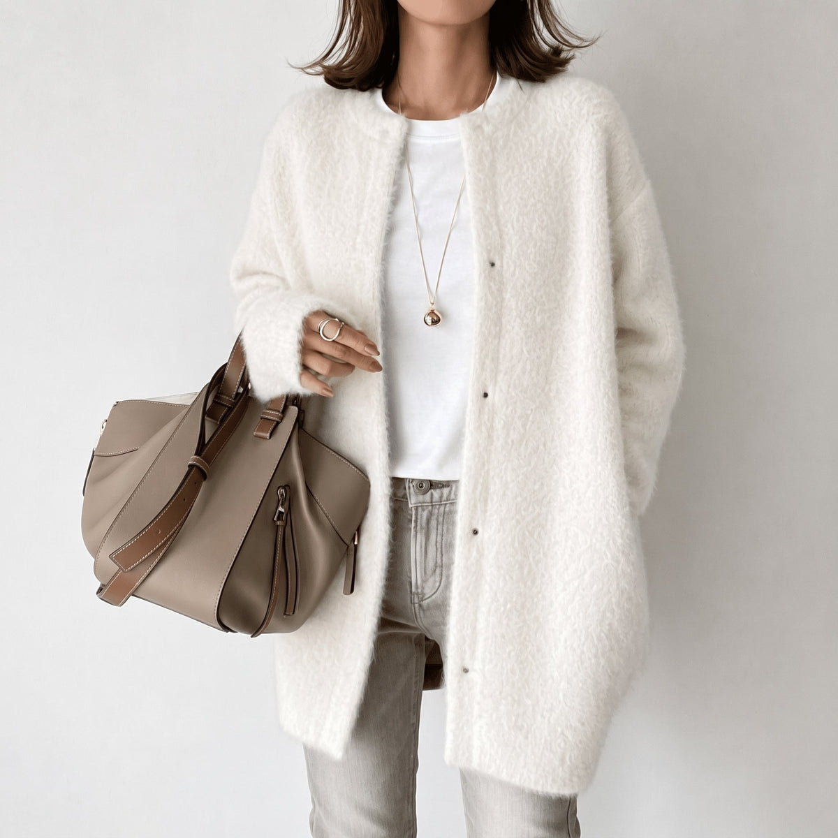 Sophie - Women's Longline Snap-Button Cardigan with Round Neck - Cardigans - White - Parker&Brooks