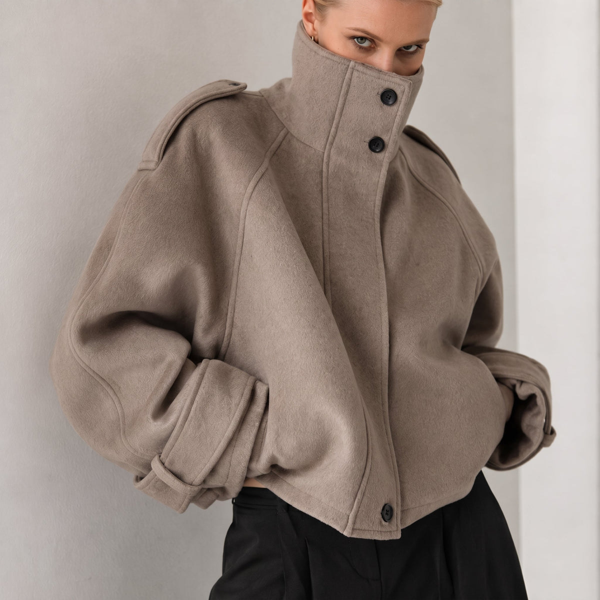 Sophie - Women's Mock Neck Oversized Stand Collar Coat - Overcoats - Khaki - Parker&Brooks