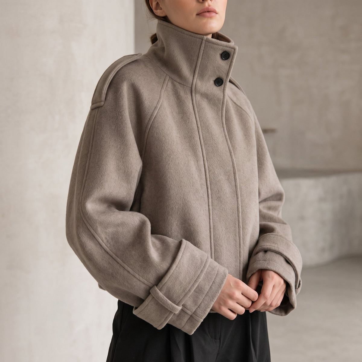 Sophie - Women's Mock Neck Oversized Stand Collar Coat - Overcoats - Khaki - Parker&Brooks