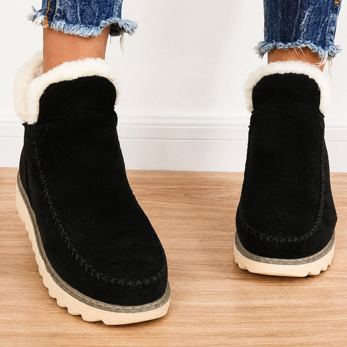 Sophie - Women's Orthopaedic Faux Fur Trim Ankle Boots - Boots - Black - Sarvento