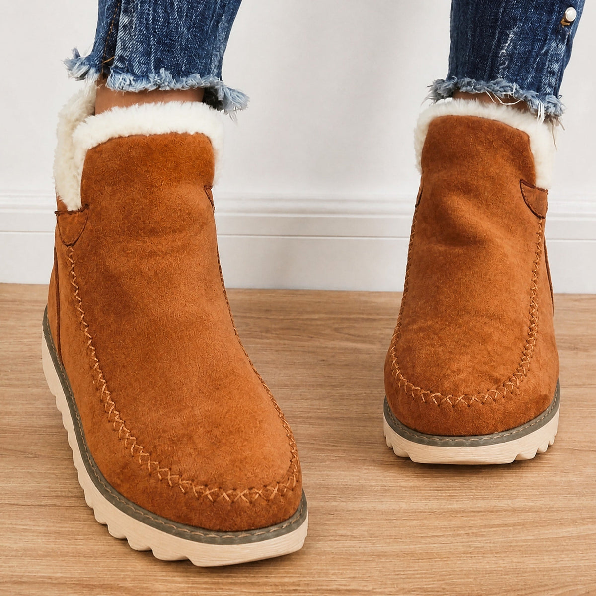 Sophie - Women's Orthopaedic Faux Fur Trim Ankle Boots - Boots - Brown - Sarvento