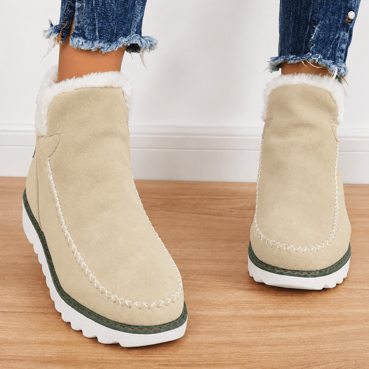 Sophie - Women's Orthopaedic Faux Fur Trim Ankle Boots - Boots - Beige - Sarvento