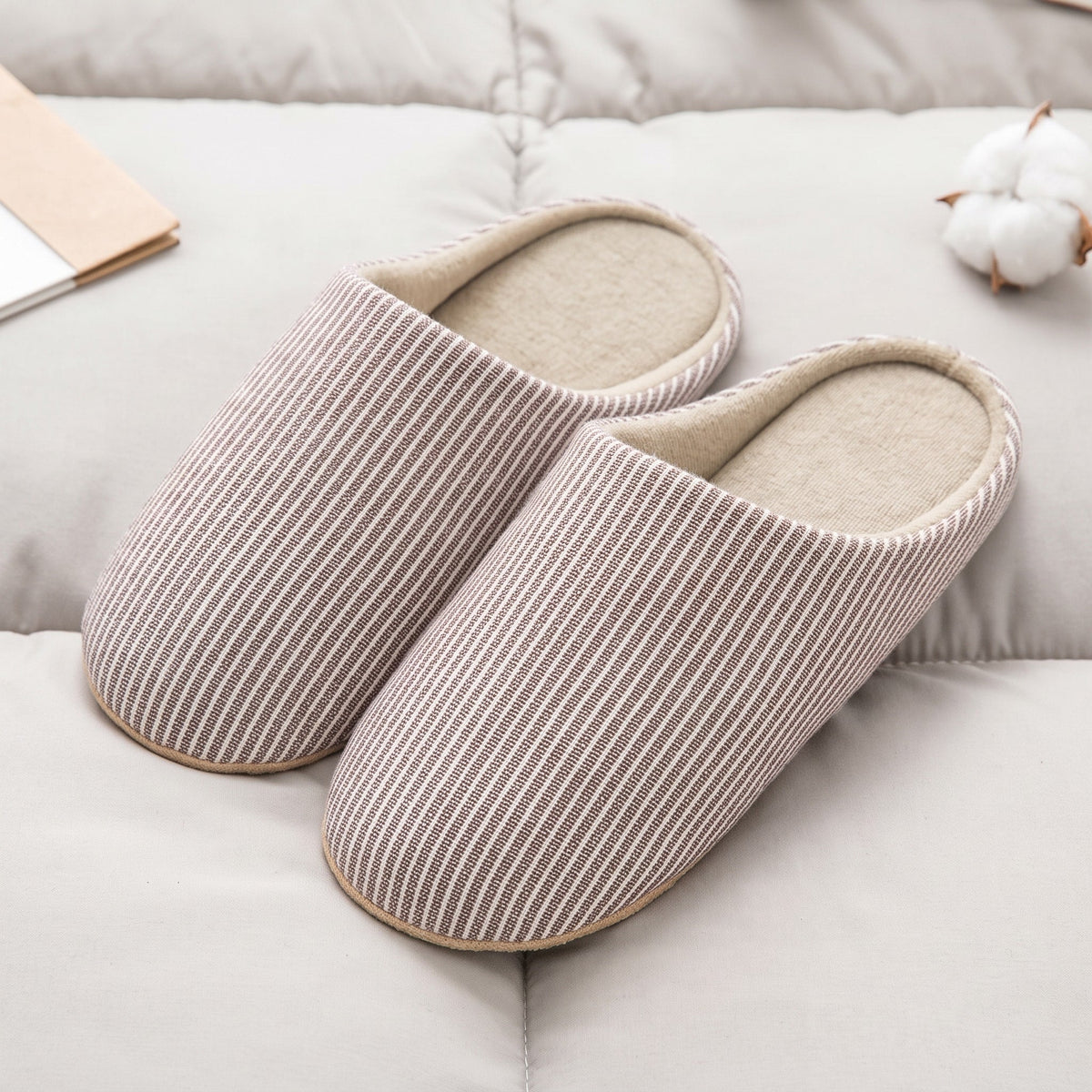 Sophie - Women's Orthopaedic Non-Slip Slippers with Striped Knit Upper - Slippers - Beige - Sarvento