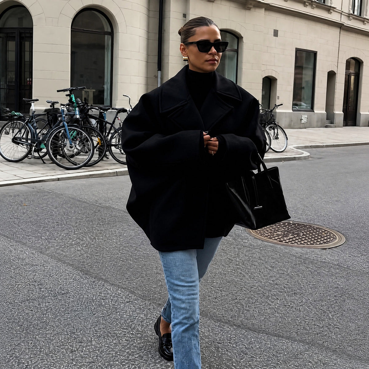 Sophie - Women's Oversized Cropped Wool-Look Jacket with Wide Collar - Coats & Jackets - Black - Parker&Brooks