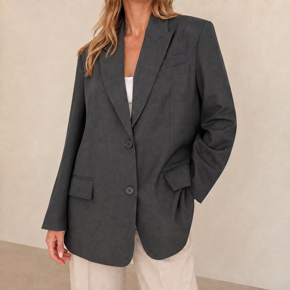 Sophie - Women's Oversized Double-Breasted Blazer with Notched Lapel - Blazers - Gray - Parker&Brooks