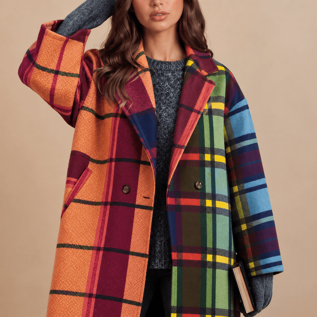 Sophie - Women's Oversized Double-Breasted Colorblock Plaid Longline Coat - Coats & Jackets - S - Sarvento