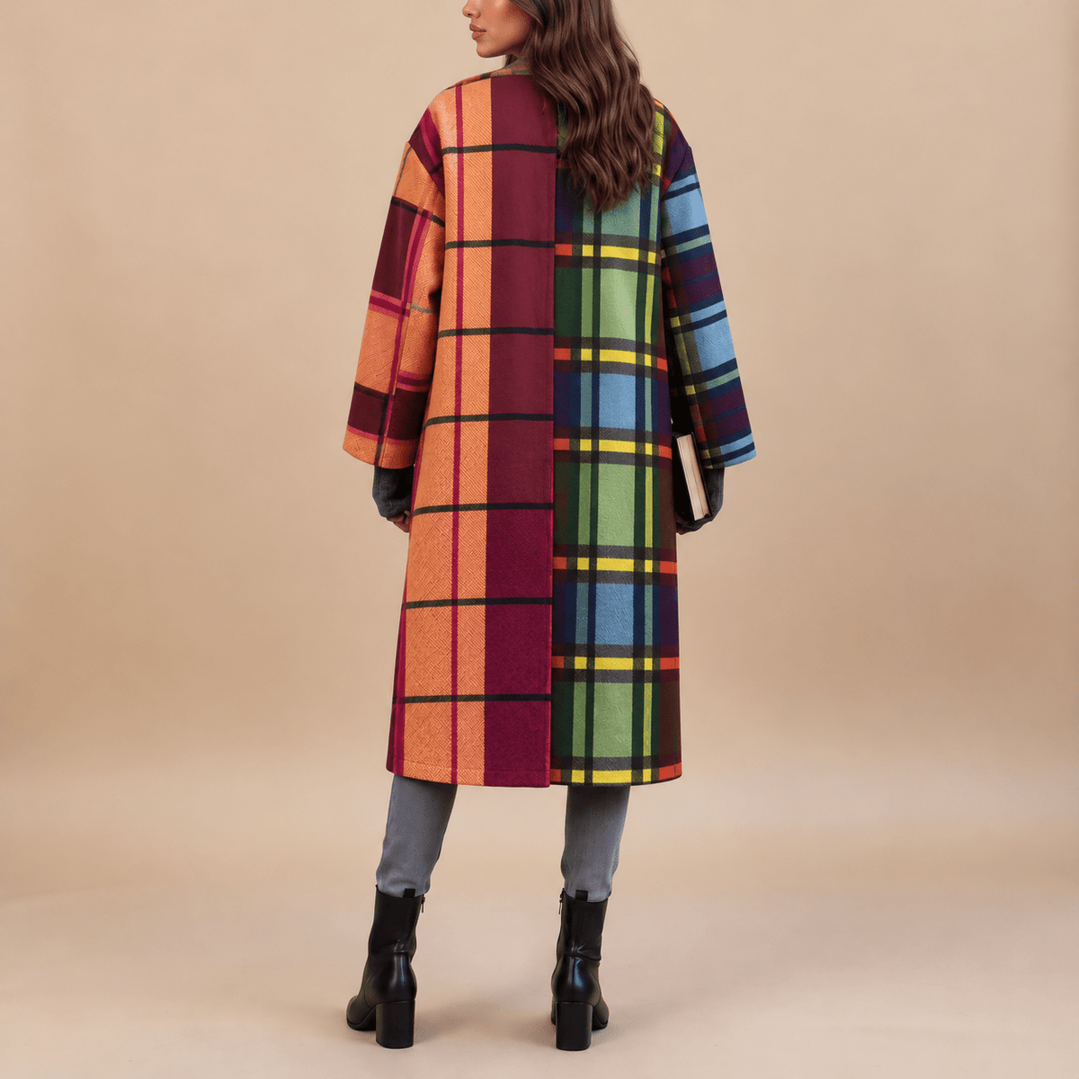 Sophie - Women's Oversized Double-Breasted Colorblock Plaid Longline Coat - Coats & Jackets - S - Sarvento