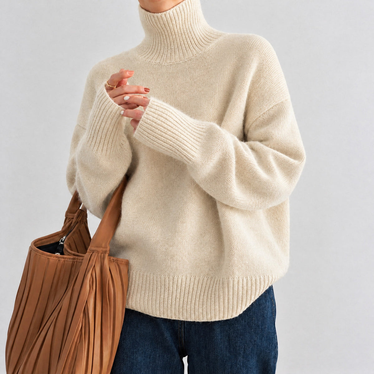 Sophie - Women's Oversized Fit Turtleneck Sweater with Ribbed Cuffs - Sweaters - Beige - Parker&Brooks