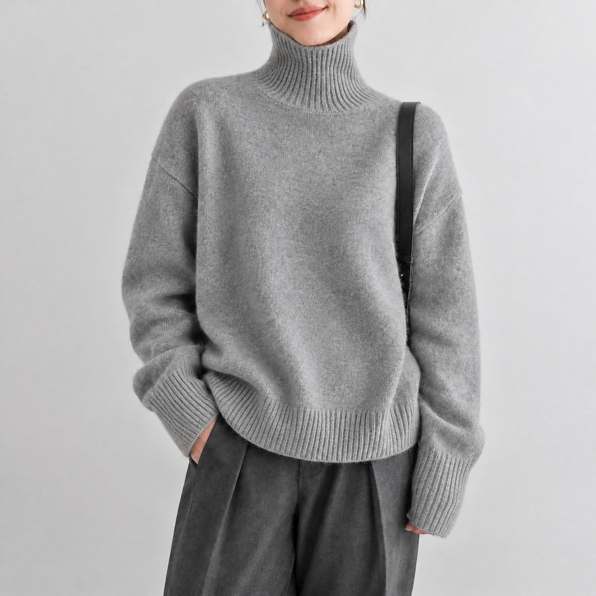 Sophie - Women's Oversized Fit Turtleneck Sweater with Ribbed Cuffs - Sweaters - Gray - Parker&Brooks