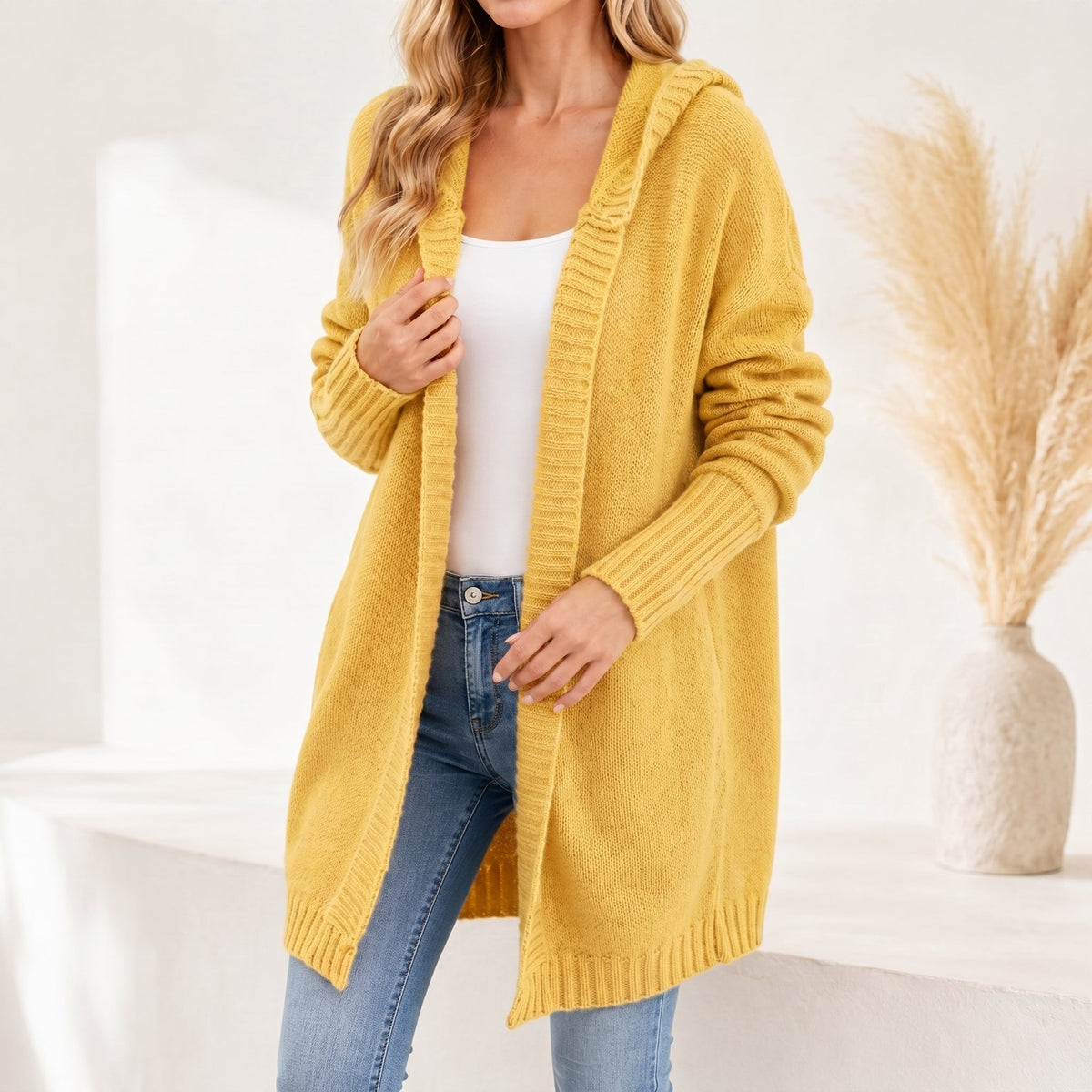 Sophie - Women's Oversized Hooded Knit Cardigan - Cardigans - Yellow - Parker&Brooks