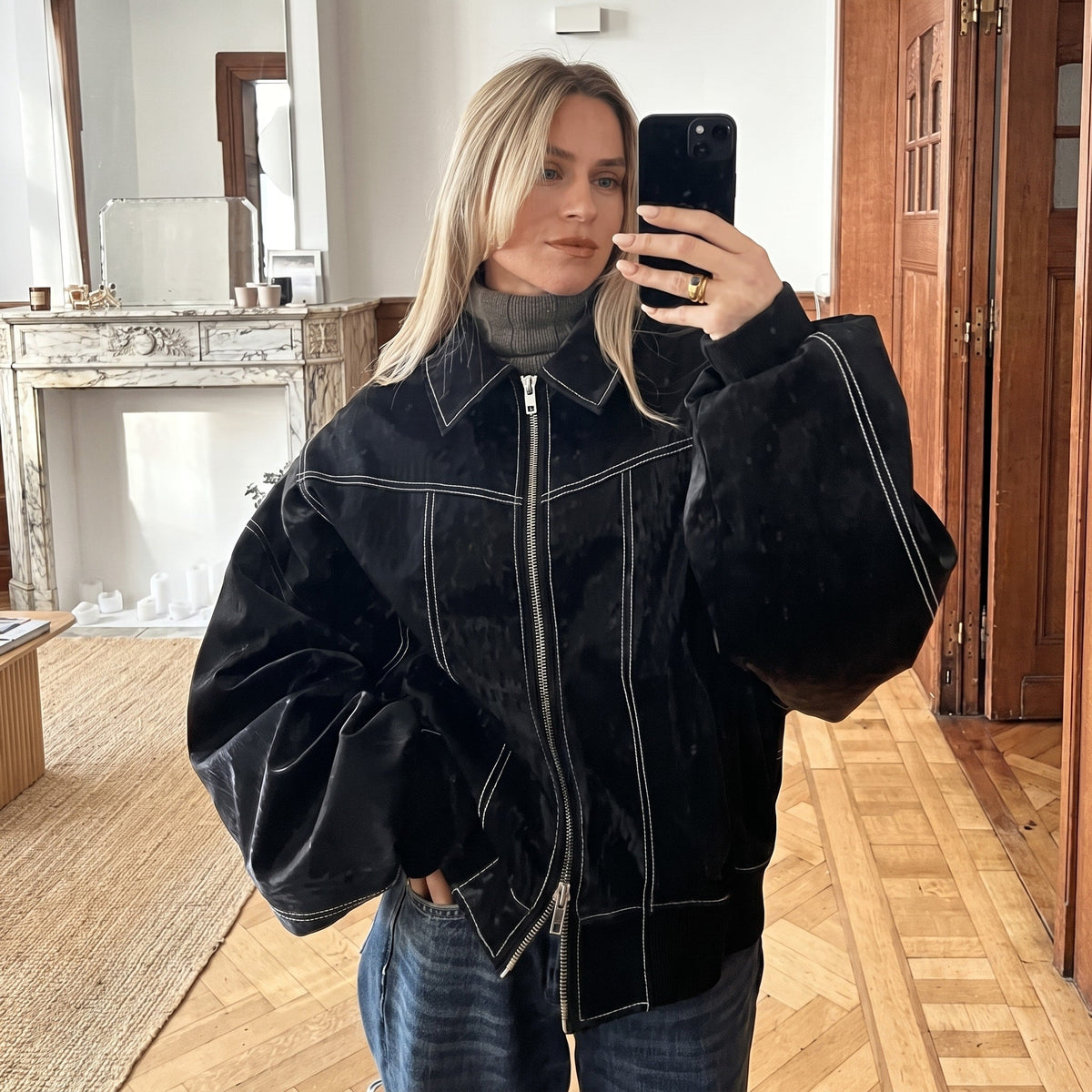 Sophie - Women's Oversized Jacket with Contrast Stitching - Coats & Jackets - Black - Parker&Brooks