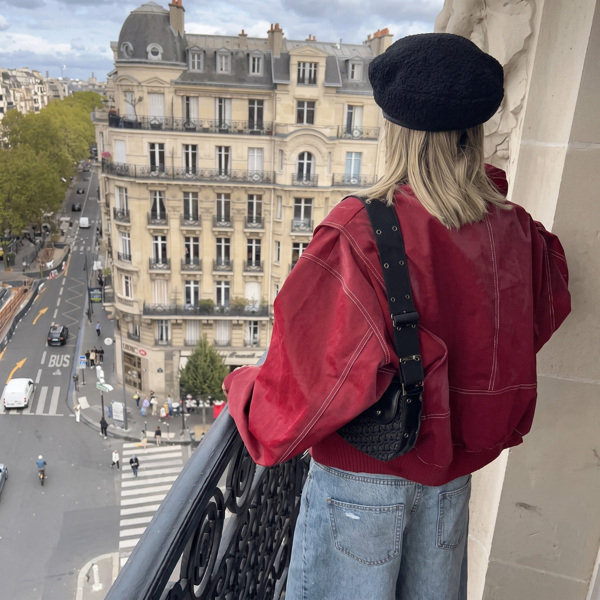 Sophie - Women's Oversized Jacket with Contrast Stitching - Coats & Jackets - Red - Parker&Brooks