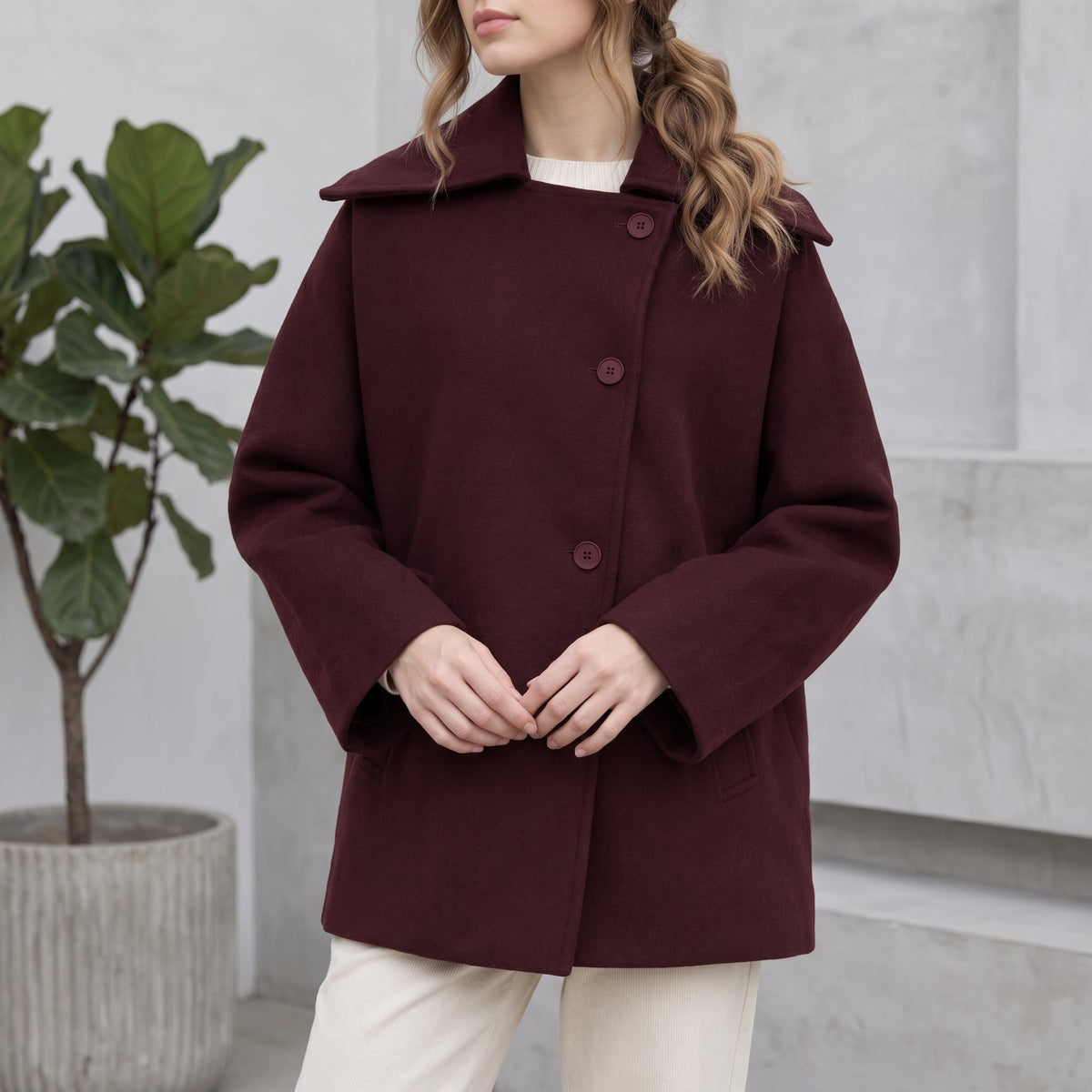 Sophie - Women's Oversized Longline Coat with Dropped Shoulders - Overcoats - Dark Red - Parker&Brooks