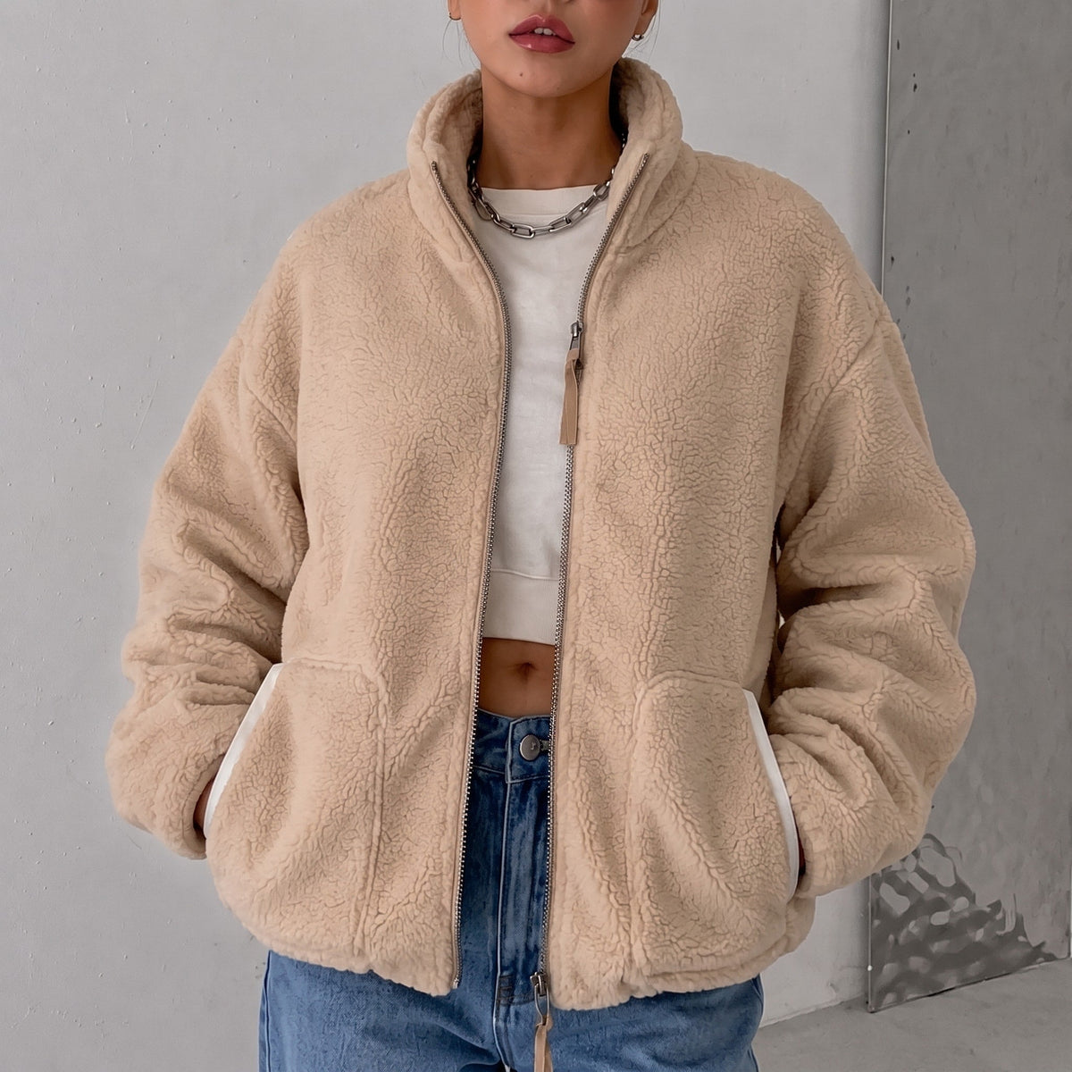 Sophie - Women's Oversized Sherpa Jacket with High Collar - Coats & Jackets - Brown - Parker&Brooks