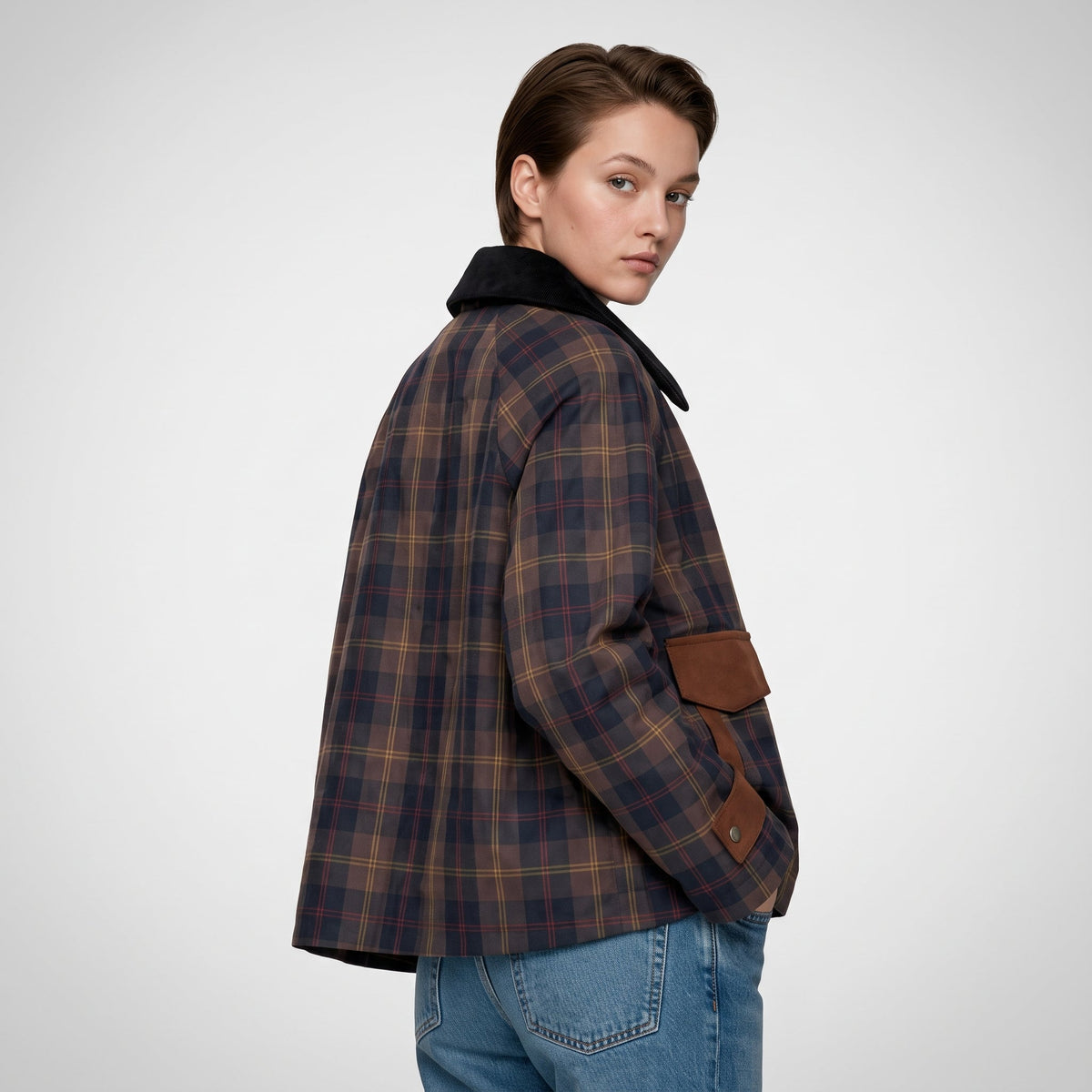 Sophie - Women's Plaid Jacket with Contast Collar - Coats & Jackets - Brown - Parker&Brooks