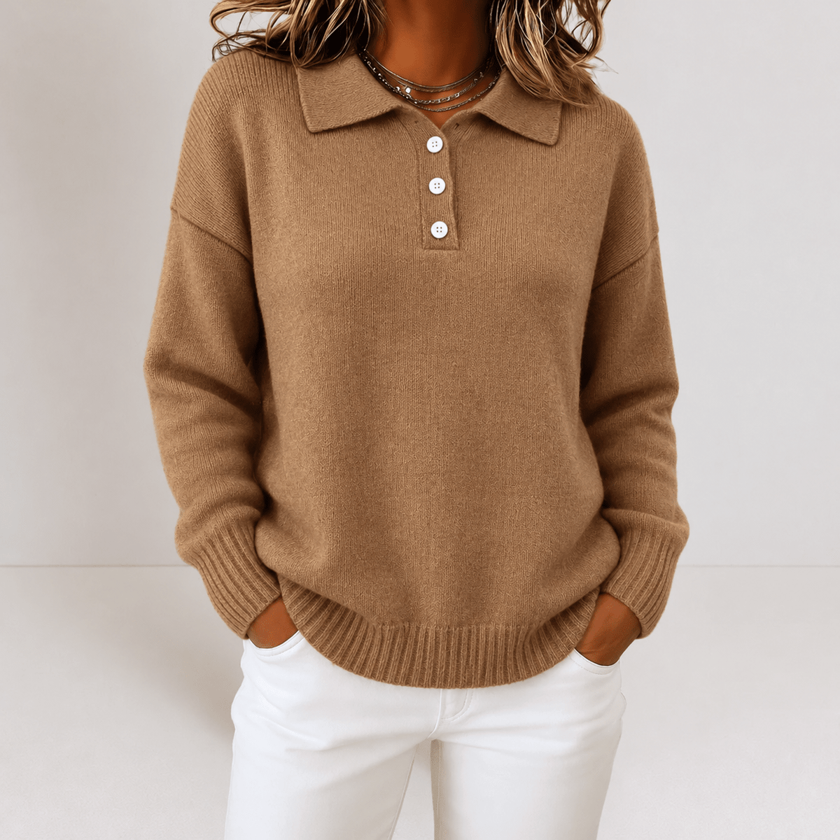 Sophie - Women's Polo Collar Sweater with Button Placket and Ribbed Hem - Sweaters - Brown - Sarvento